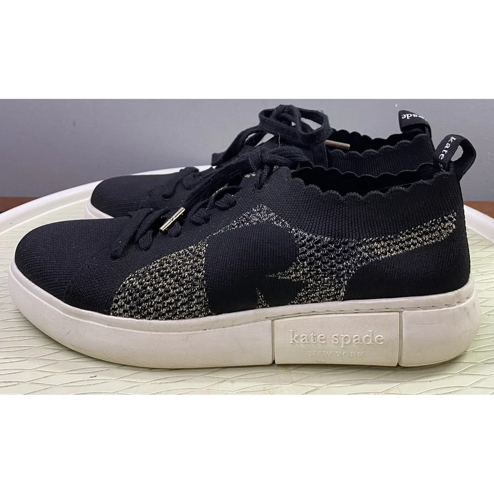 Kate Spade New York Womens‎ Black/Gold/Silver Knit Sneakers Sky Tennis Shoes 10B